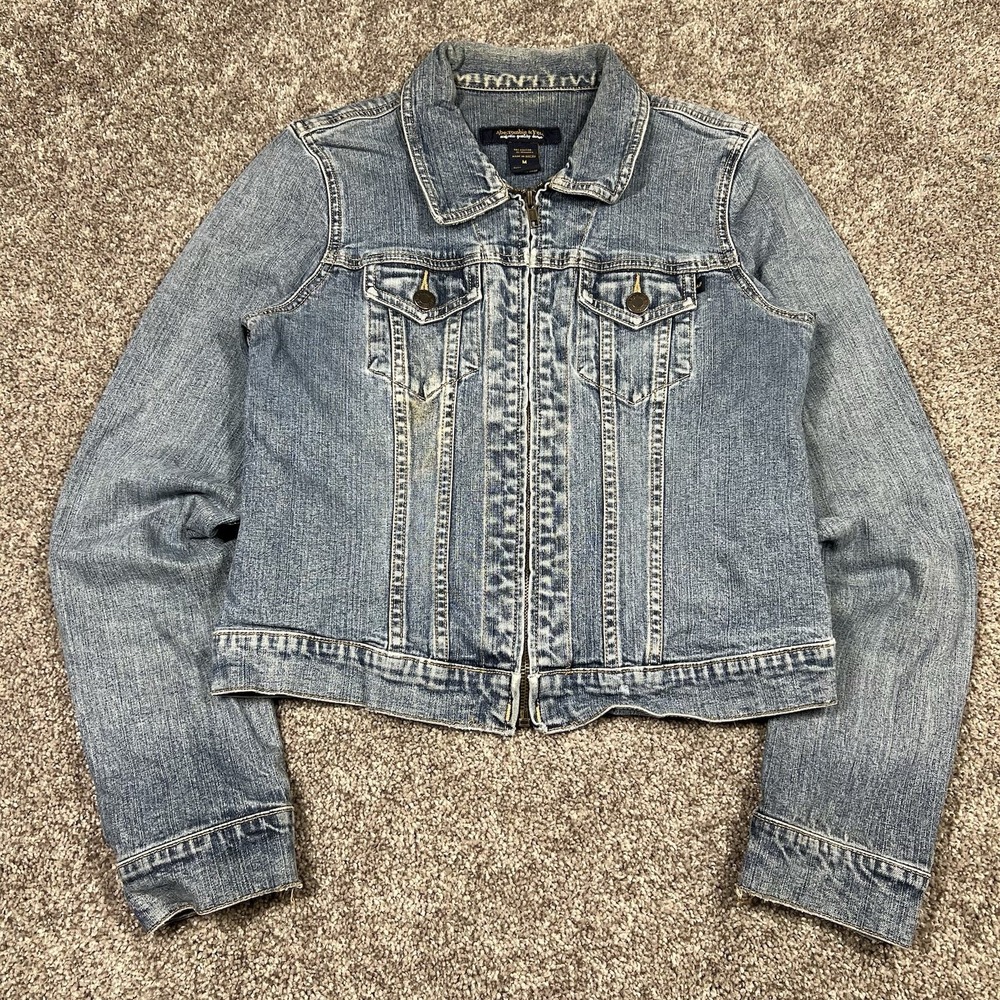 Abercrombie & Fitch Womens Medium Wash Cropped Denim Trucker Jacket Blue Size M